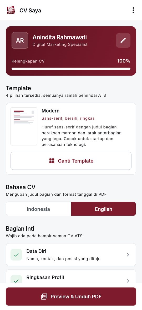 Halaman utama aplikasi CVATS menampilkan kartu profil, indikator kelengkapan CV 100 persen, pemilih template, dan tombol Preview dan Unduh PDF