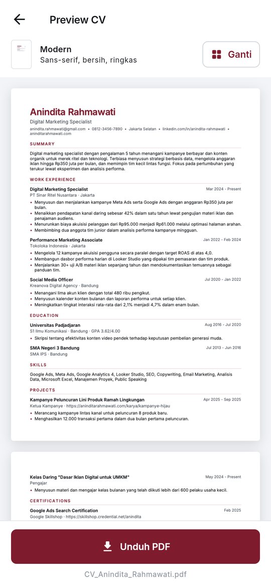 Layar pratinjau PDF CVATS yang menampilkan hasil akhir CV sebelum diunduh