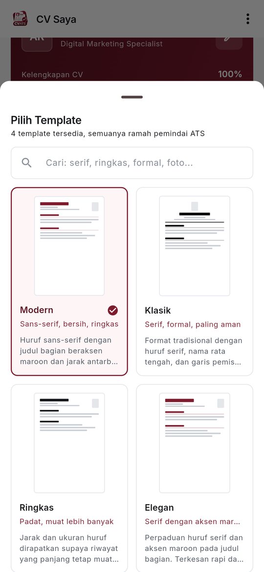 Pemilih template CVATS menampilkan Modern, Klasik, Ringkas, dan Elegan beserta pratinjau kecilnya
